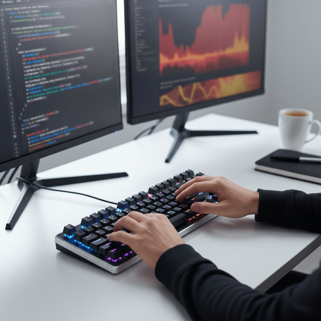 Developer hands on keyboard with code on monitor